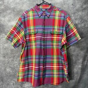 VTG Polo Ralph Lauren Madras Plaid Button Up Shirt Mens XXL Colorful Rainbow